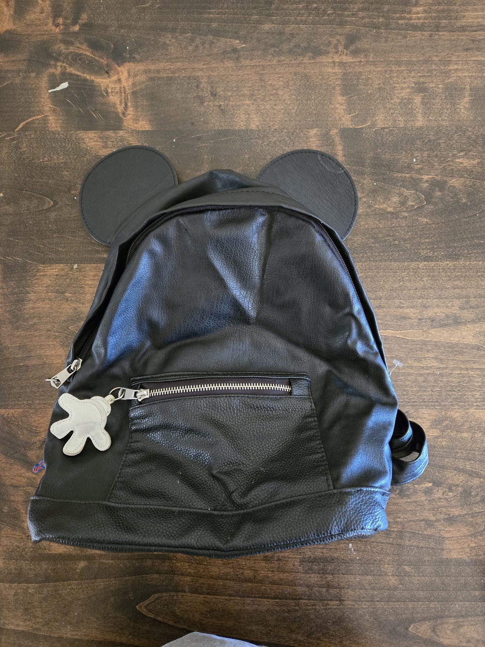Black Faux Leather Backpack w/ Mickey Mouse Ear Detail and Character Charm